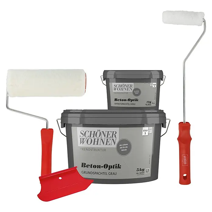 SCHÖNER WOHNEN-Farbe Trendstruktur Dekoputz-Set Beton-Optik - 5 -tlg., Grau - Schöner Wohnen Beton-Optik Farbsortiment, bestehend aus Grundspachtel Grau (5kg) und Effektspachtel Grau (1kg), inklusive Farbroller und Spachtel.