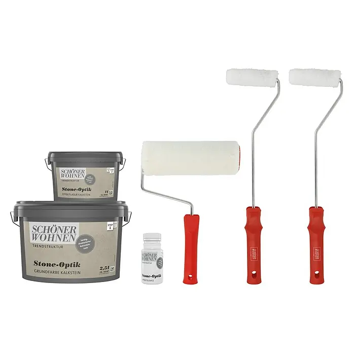 SCHÖNER WOHNEN-Farbe Trendstruktur Dekoputz-Set Stone-Optik - 6 -tlg., Kalkstein - Bild von Schöner Wohnen Stone-Optik Farben und Werkzeugen.