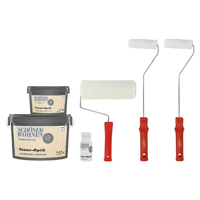 SCHÖNER WOHNEN-Farbe Trendstruktur Dekoputz-Set Stone-Optik - 6 -tlg., Sandstein - Produktbild: Schöner Wohnen Stone-Optik Grundfarbe Sandstein (2,5l), Effektlasur Sandstein (1l), Farbroller und Farbproben für die Wandgestaltung.