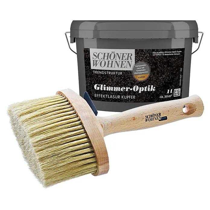 SCHÖNER WOHNEN-Farbe Trendstruktur Dekoputz-Set Glimmer-Optik - 2 -tlg., Kupfer - Farbtopf "Schöner Wohnen Glimmer-Optik Kupfer" mit Lasur und Effektpigmenten, zusammen mit einem Quast.