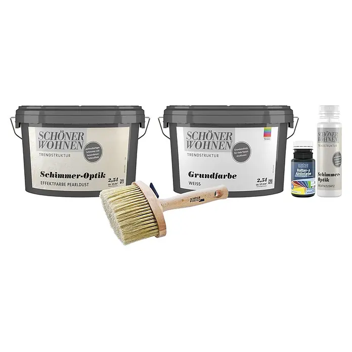 SCHÖNER WOHNEN-Farbe Trendstruktur Dekoputz-Set Schimmer-Optik - 5 -tlg., Pearldust - Produktansicht von Schöner Wohnen Farbe: Grundfarbe, Schimmer-Optik Effektfarbe Pearldust, Kreativzusatz und Vollton- & Abtönfarbe.