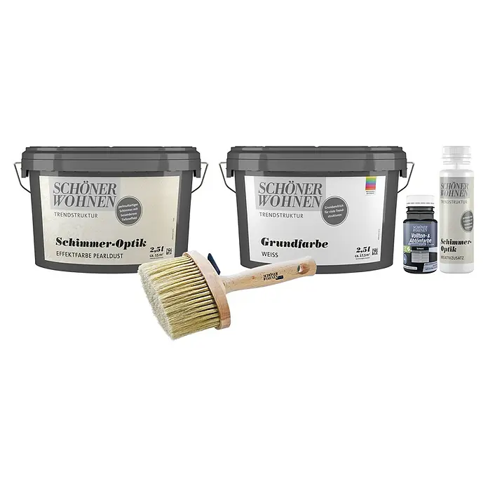 SCHÖNER WOHNEN-Farbe Trendstruktur Dekoputz-Set Schimmer-Optik - 5 -tlg., Pearldust - Produktansicht von Schöner Wohnen Farbe: Grundfarbe, Schimmer-Optik Effektfarbe Pearldust, Kreativzusatz und Vollton- & Abtönfarbe.
