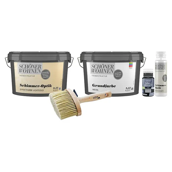 SCHÖNER WOHNEN-Farbe Trendstruktur Dekoputz-Set Schimmer-Optik - 5 -tlg., Lightgold - Abbildung von Schöner Wohnen Produkten: Farbe, Grundierung, Abtönfarbe, Schimmer-Optik Zusatz und Pinsel.