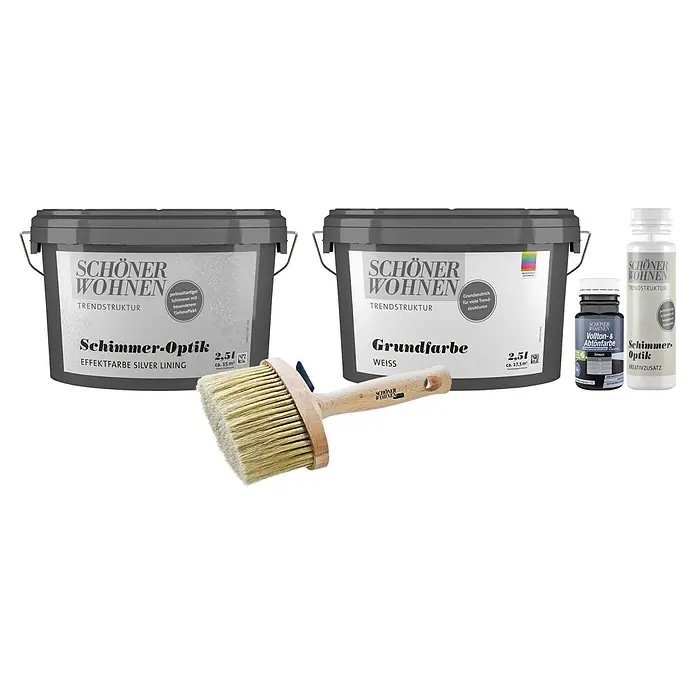 SCHÖNER WOHNEN-Farbe Trendstruktur Dekoputz-Set Schimmer-Optik - 5 -tlg., Silver Lining - Produktbild von Schöner Wohnen: Effektfarbe, Grundfarbe, Abtönfarbe, Kreativzusatz und Farbroller.