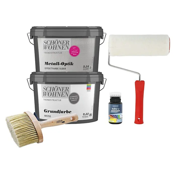 SCHÖNER WOHNEN-Farbe Trendstruktur Dekoputz-Set Metall-Optik - 5 -tlg., Mattsilber, 2,5 l - Farbtöpfe und Zubehör der Marke Schöner Wohnen für die Wandgestaltung.