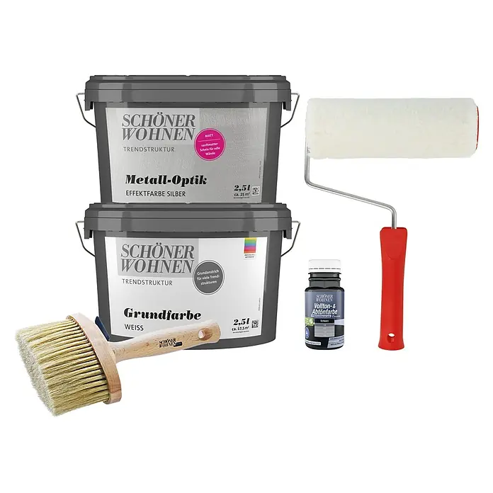 SCHÖNER WOHNEN-Farbe Trendstruktur Dekoputz-Set Metall-Optik - 5 -tlg., Mattsilber, 2,5 l - Farbtöpfe und Zubehör der Marke Schöner Wohnen für die Wandgestaltung.