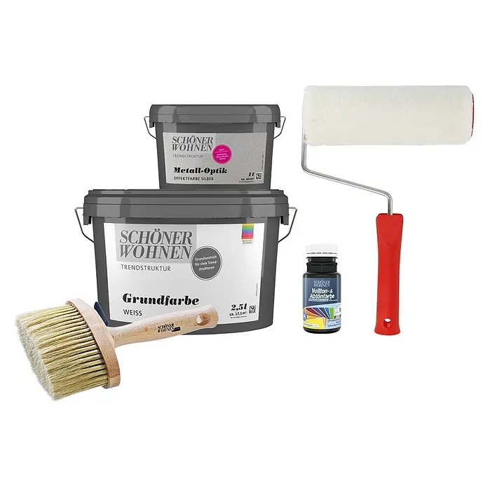 SCHÖNER WOHNEN-Farbe Trendstruktur Dekoputz-Set Metall-Optik - 5 -tlg., Mattsilber, 1 l - Abgebildet sind Schöner Wohnen Produkte: Grundfarbe, Metall-Optik Farbe, Vollton- & Abtönfarbe, Pinsel und Farbroller für Renovierungsarbeiten.