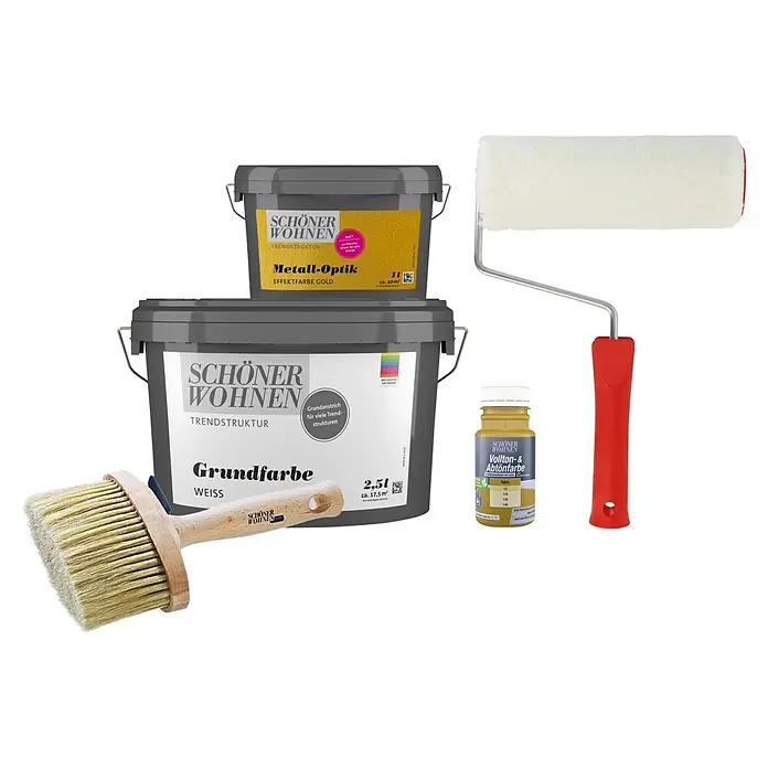 SCHÖNER WOHNEN-Farbe Trendstruktur Dekoputz-Set Metall-Optik - 5 -tlg., Mattgold, 1 l - Produktfoto mit Farbtöpfen, Farbroller und Pinsel der Marke Schöner Wohnen für Wandgestaltung.