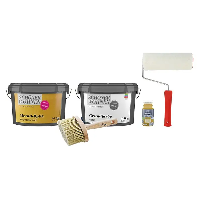 SCHÖNER WOHNEN-Farbe Trendstruktur Dekoputz-Set Metall-Optik - 5 -tlg., Mattgold, 2,5 l - Farbtöpfe „Schöner Wohnen“: Gold-Effektfarbe, weiße Grundfarbe, Abtönfarbe und Farbroller für die Gestaltung von Innenräumen.