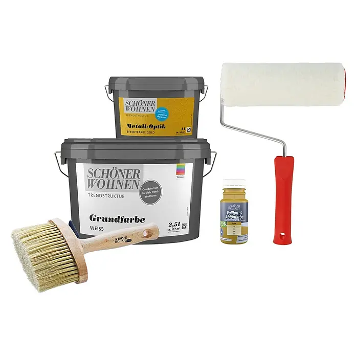 SCHÖNER WOHNEN-Farbe Trendstruktur Dekoputz-Set Metall-Optik - 5 -tlg., Gold, 1 l - Verschiedene Produkte von Schöner Wohnen, darunter Grundfarbe, Metall-Optik Farbe, Vollton- & Abtönfarbe, Pinsel und Farbroller.
