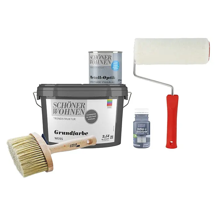SCHÖNER WOHNEN-Farbe Trendstruktur Dekoputz-Set Metall-Optik - 5 -tlg., Stahlblau, 375 l - Produktstillleben mit Schönen Wohnen Farben, darunter Grundfarbe, Effektfarbe, Abtönfarbe, Pinsel und Farbroller.