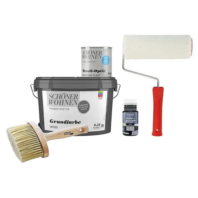 SCHÖNER WOHNEN-Farbe Trendstruktur Dekoputz-Set Metall-Optik - 5 -tlg., Silber, 375 ml - Produktfoto von Schöner Wohnen Farben: Grundfarbe, Metall-Optik, Vollton- & Abtönfarbe, Pinsel und Farbroller für die Wandgestaltung.