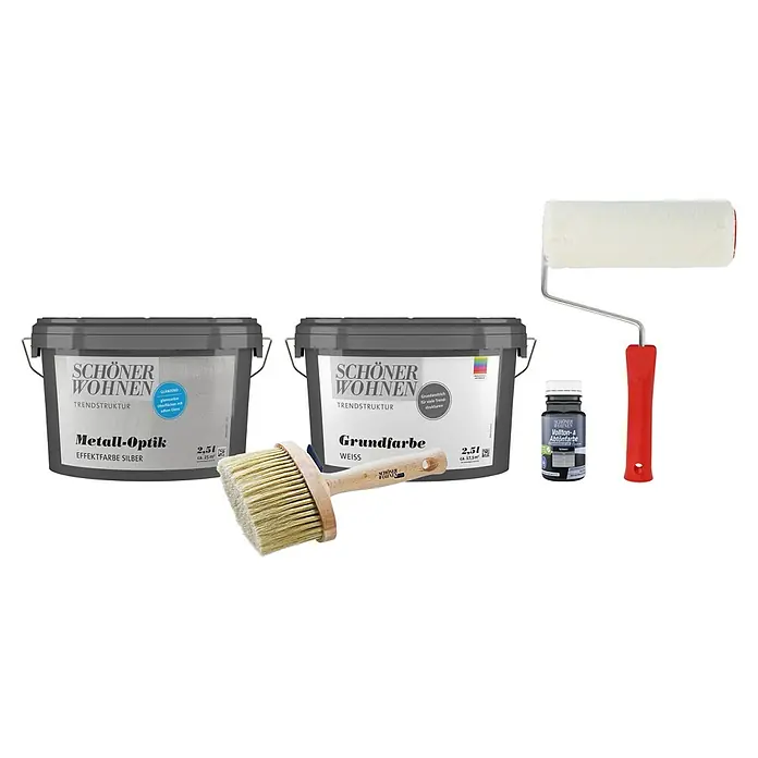 SCHÖNER WOHNEN-Farbe Trendstruktur Dekoputz-Set Metall-Optik - 5 -tlg., Silber, 2,5 l - Verschiedene Malutensilien, darunter zwei Eimer Farbe der Marke SCHÖNER WOHNEN, ein Pinsel, ein Farbroller und eine Tönungsfarbe.