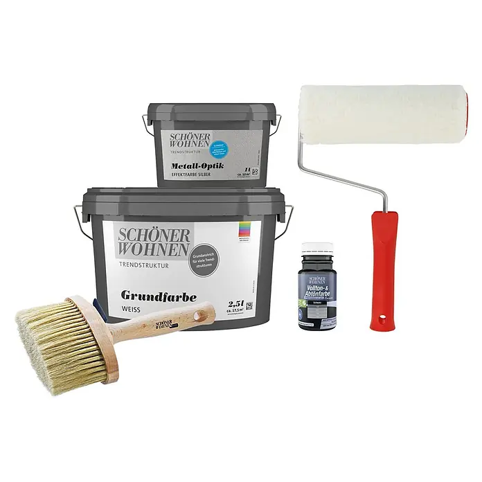 SCHÖNER WOHNEN-Farbe Trendstruktur Dekoputz-Set Metall-Optik - 5 -tlg., Silber, 1 l - Verschiedene Produkte von SCHÖNER WOHNEN, darunter Metall-Optik Farbe Silber, Grundfarbe Weiss, Vollton- & Abtönfarbe Schwarz und Malerwerkzeuge.