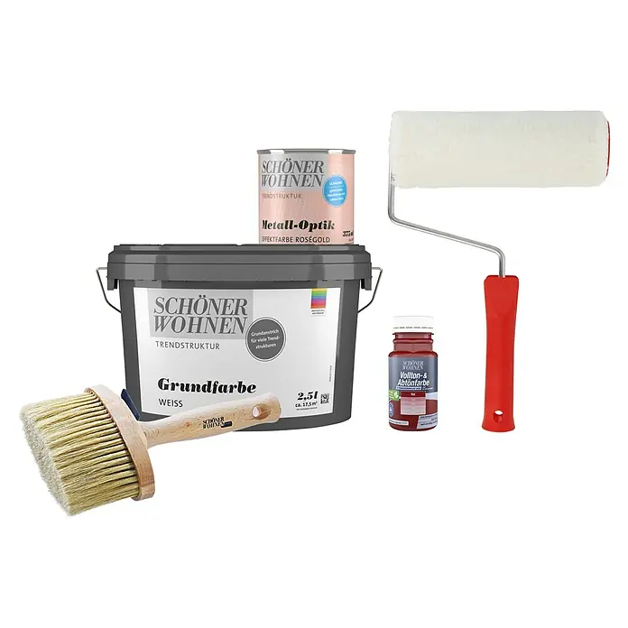 SCHÖNER WOHNEN-Farbe Trendstruktur Dekoputz-Set Metall-Optik - 5 -tlg., Roségold, 375 ml - Verschiedene SCHÖNER WOHNEN Produkte für Wandgestaltung: Grundfarbe, Effektfarbe, Abtönfarbe, Pinsel und Farbroller.