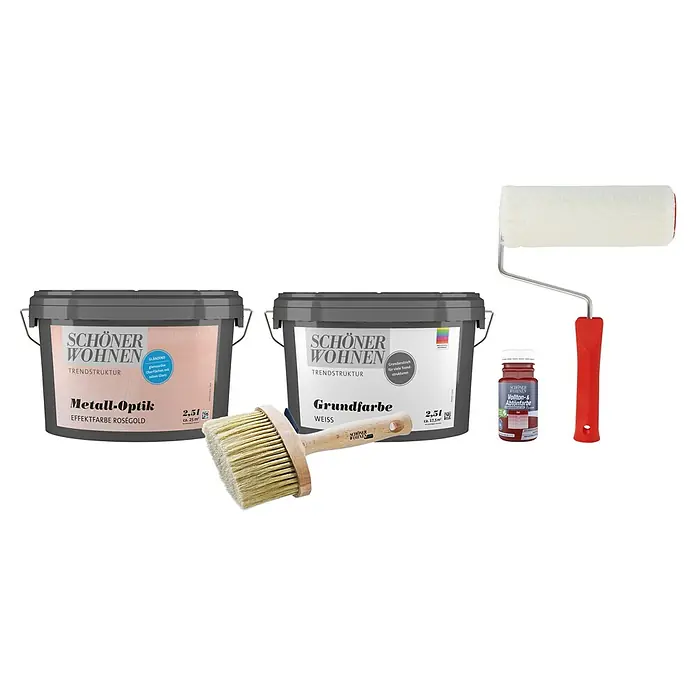 SCHÖNER WOHNEN-Farbe Trendstruktur Dekoputz-Set Metall-Optik - 5 -tlg., Roségold, 2,5 l - Verschiedene Schönere Wohnen-Produkte, darunter Farbeimer, Farbpinsel, Farbroller und Farbpigment.