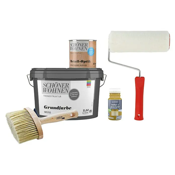 SCHÖNER WOHNEN-Farbe Trendstruktur Dekoputz-Set Metall-Optik - 5 -tlg., Kupfer, 1 l - Farbeimer und Zubehör von SCHÖNER WOHNEN: Grundfarbe, Effektfarbe Roségold, Abtönfarbe und Werkzeuge für eine trendige Wandgestaltung.