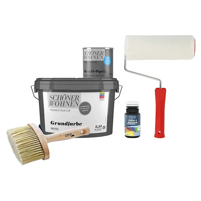 SCHÖNER WOHNEN-Farbe Trendstruktur Dekoputz-Set Metall-Optik - 5 -tlg., Graphit, 375 l - Das Bild zeigt eine Auswahl an Produkten von Schöner Wohnen, darunter Grundfarbe, Metall-Optik Farbe, Vollton- & Abtönfarbe und Pinsel.