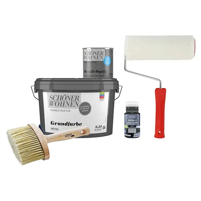 SCHÖNER WOHNEN-Farbe Trendstruktur Dekoputz-Set Metall-Optik - 5 -tlg., Graphit, 375 l - Das Bild zeigt eine Auswahl an Produkten von Schöner Wohnen, darunter Grundfarbe, Metall-Optik Farbe, Vollton- & Abtönfarbe und Pinsel.