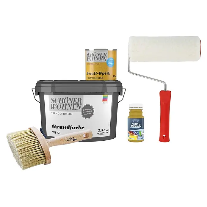 SCHÖNER WOHNEN-Farbe Trendstruktur Dekoputz-Set Metall-Optik - 5 -tlg., Gold, 375 ml - Verschiedene Schönner Wohnen Produkte wie Farbe, Pinsel und Farbroller.