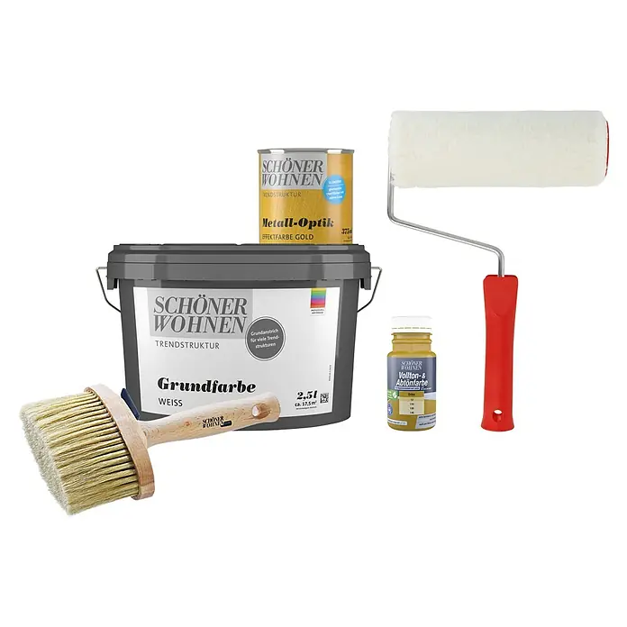 SCHÖNER WOHNEN-Farbe Trendstruktur Dekoputz-Set Metall-Optik - 5 -tlg., Gold, 375 ml - Verschiedene Schönner Wohnen Produkte wie Farbe, Pinsel und Farbroller.