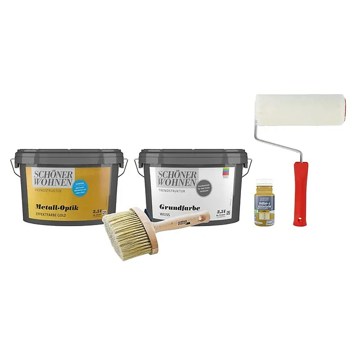 SCHÖNER WOHNEN-Farbe Trendstruktur Dekoputz-Set Metall-Optik - 5 -tlg., Gold, 2,5 l - Produktansicht von Schöner Wohnen Farbe: Metall-Optik Gold, Grundfarbe Weiss, Vollton- & Abtönfarbe und Malerzubehör für Renovierungsarbeiten.