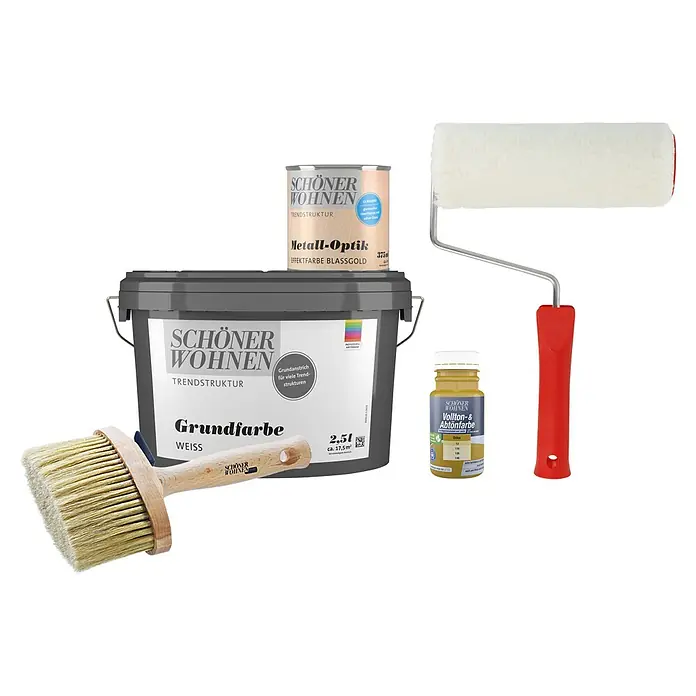 SCHÖNER WOHNEN-Farbe Trendstruktur Dekoputz-Set Metall-Optik - 5 -tlg., Blassgold, 375 ml - Verschiedene Farben von Schöner Wohnen: Grundfarbe, Metall-Optik, Vollton- & Abtönfarbe mit Pinsel und Farbroller.