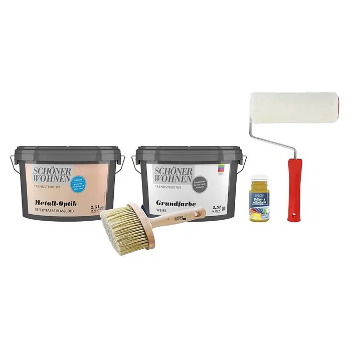 SCHÖNER WOHNEN-Farbe Trendstruktur Dekoputz-Set Metall-Optik - 5 -tlg., Blassgold, 2,5 l - Produktbild: Zwei Eimer Schöner Wohnen Farbe, ein Pinsel, eine Abtönfarbe und eine Farbrolle.