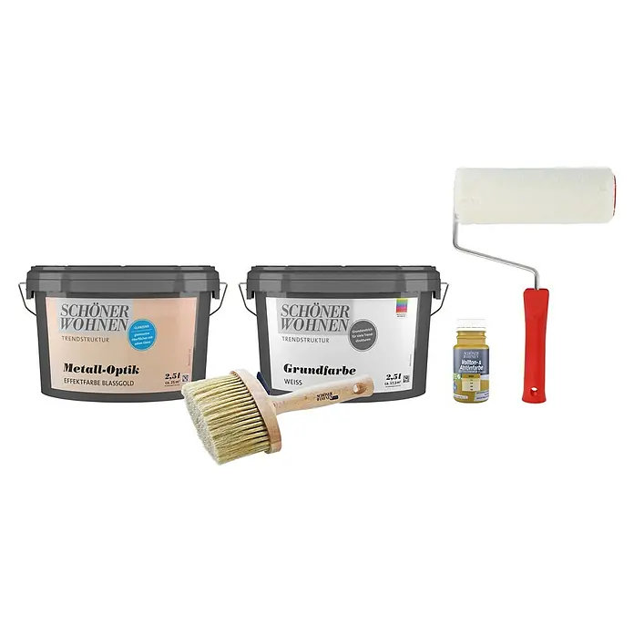 SCHÖNER WOHNEN-Farbe Trendstruktur Dekoputz-Set Metall-Optik - 5 -tlg., Blassgold, 2,5 l - Produktbild: Zwei Eimer Schöner Wohnen Farbe, ein Pinsel, eine Abtönfarbe und eine Farbrolle.
