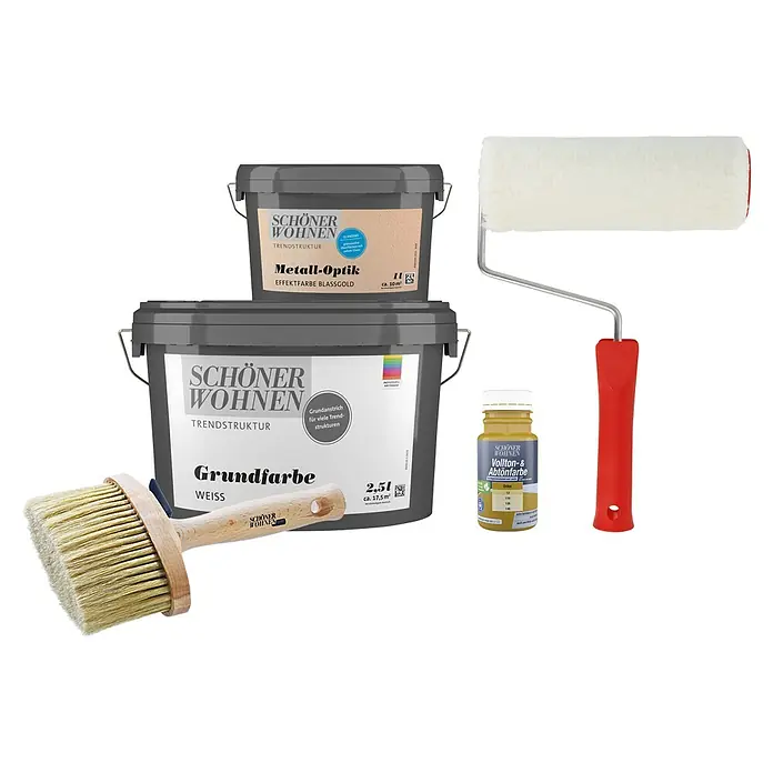 SCHÖNER WOHNEN-Farbe Trendstruktur Dekoputz-Set Metall-Optik - 5 -tlg., Blassgold, 1 l - Verschiedene Schönen Wohnen Produkte für die Wandgestaltung: Farbeimer, Farbroller, Pinsel und Abtönfarbe für individuelle Gestaltung.