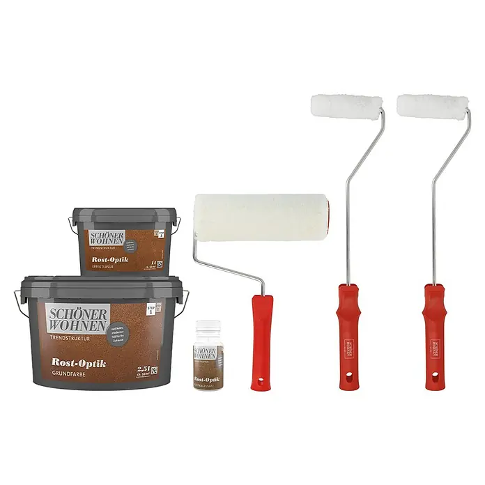 SCHÖNER WOHNEN-Farbe Trendstruktur Dekoputz-Set Rost-Optik - 6 -tlg. - Verschiedene 'Schöner Wohnen Rost-Optik' Produkte, darunter Grundfarbe, Effektlasur, Rost-Kalzuszusatz und Farbroller.