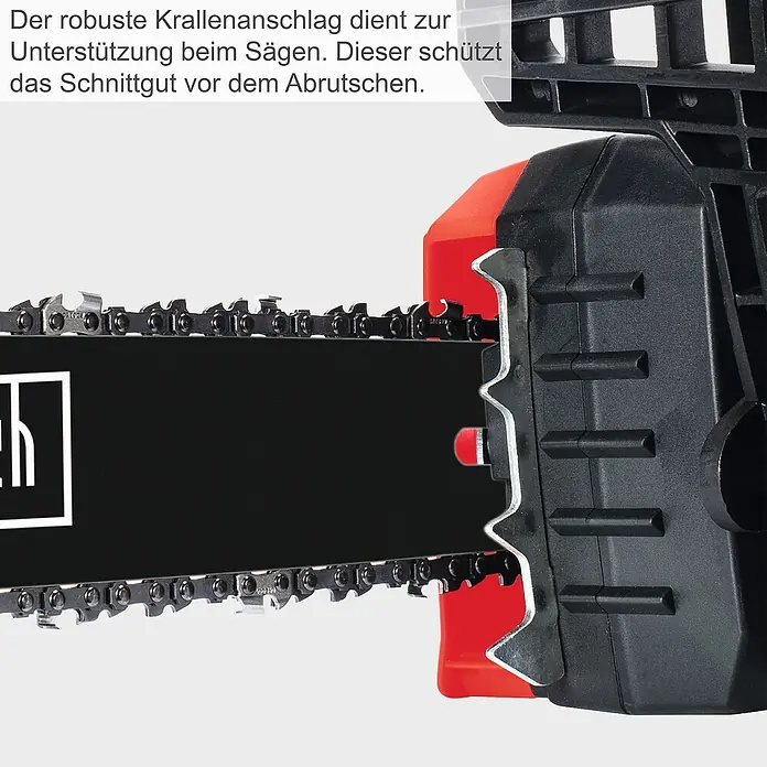 Scheppach Elektro-Kettensäge CSE2700 - 2.700 W, Schwertlänge: 45,5 cm, Max. Aststärke: 44 cm - Detailaufnahme einer Kettensäge mit Krallenanschlag. Der Krallenanschlag unterstützt beim Sägen und schützt das Schnittgut vor dem Abrutschen.