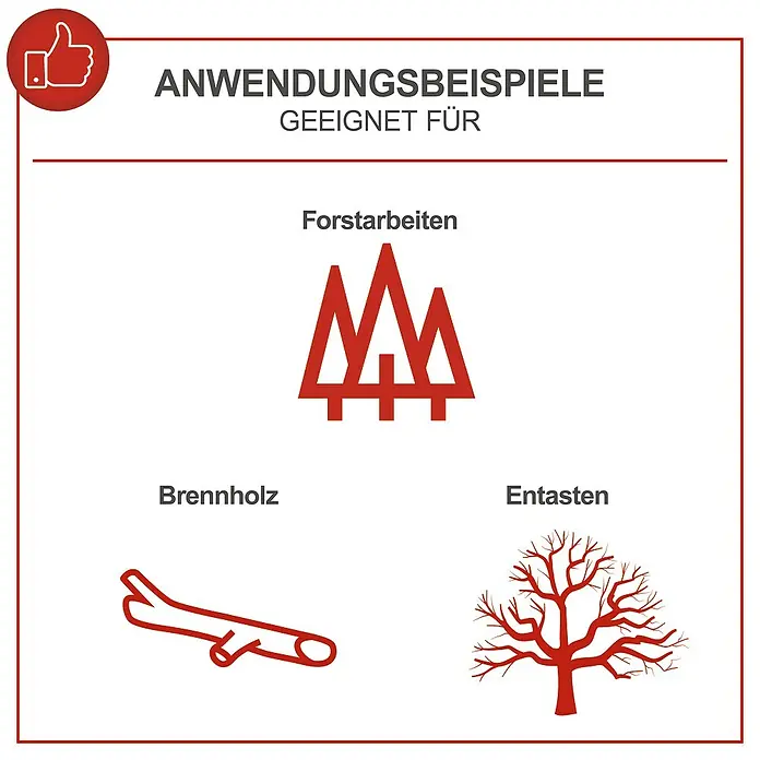 Scheppach Elektro-Kettensäge CSE2700 - 2.700 W, Schwertlänge: 45,5 cm, Max. Aststärke: 44 cm - Anwendungsbeispiele für Baumpflegeprodukte: Forstarbeiten, Brennholzbearbeitung und Entasten von Bäumen, dargestellt durch rote Icons auf weißem Grund.