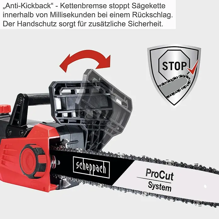 Scheppach Elektro-Kettensäge CSE2700 - 2.700 W, Schwertlänge: 45,5 cm, Max. Aststärke: 44 cm - Abbildung einer Scheppach-Kettensäge mit Anti-Kickback-Funktion und Kettenbremse für zusätzliche Sicherheit.