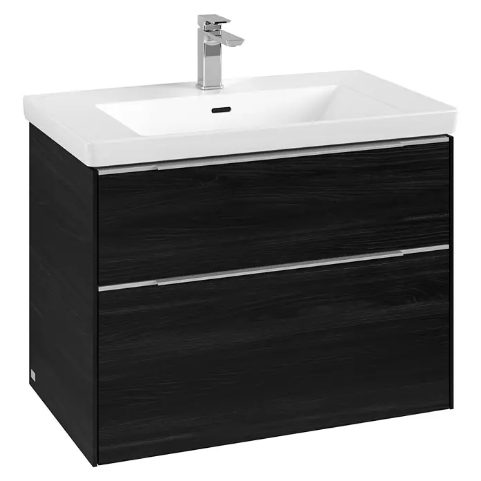Villeroy & Boch Subway 3.0 Waschbeckenunterschrank - Black Oak, Anzahl Schubladen: 2 Stk., Farbe Griff: Aluminium glänzend, B x T x H: 77,2 x 47,8 x 57,6 cm - Bild eines modernen Waschbeckens mit dunklem Holzunterschrank und glänzendem Wasserhahn. Elegantes Design für Badezimmer.