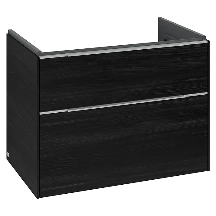 Villeroy & Boch Subway 3.0 Waschbeckenunterschrank - Black Oak, Anzahl Schubladen: 2 Stk., Farbe Griff: Aluminium glänzend, B x T x H: 77,2 x 47,8 x 57,6 cm - Schwarzer Waschtischunterschrank mit zwei Schubladen und silbernen Griffen. Das Holz hat eine deutliche Maserung.