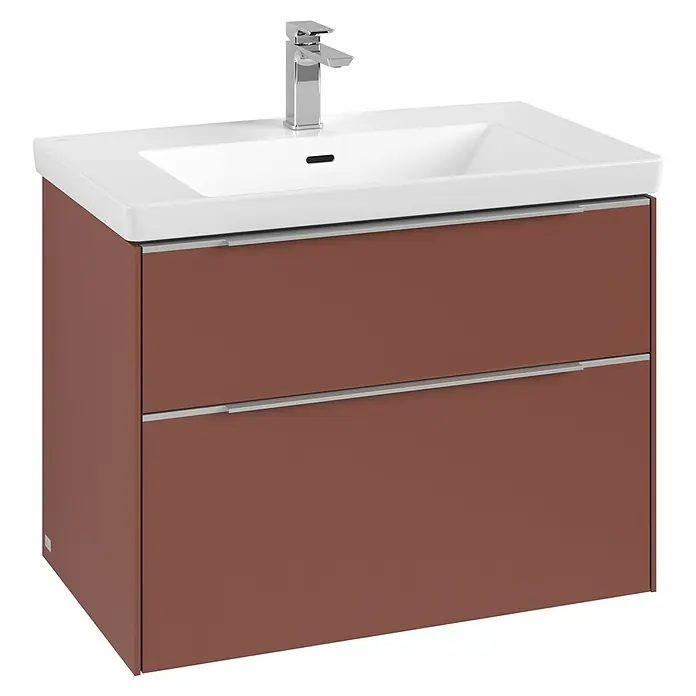 Villeroy & Boch Subway 3.0 Waschbeckenunterschrank - Wine Red, Anzahl Schubladen: 2 Stk., Farbe Griff: Aluminium glänzend, B x T x H: 77,2 x 47,8 x 57,6 cm - Bild eines modernen Badezimmerschranks in Braun mit weißem Waschbecken und Chromarmatur. Ideal für stilvolle Badezimmer.