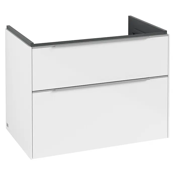 Villeroy & Boch Subway 3.0 Waschbeckenunterschrank - Brilliant White, Anzahl Schubladen: 2 Stk., Farbe Griff: Aluminium glänzend, B x T x H: 77,2 x 47,8 x 57,6 cm - Ein moderner weißer Waschtischunterschrank mit zwei Schubladen und einem eleganten grauen Rahmen für ein stilvolles Badezimmer.