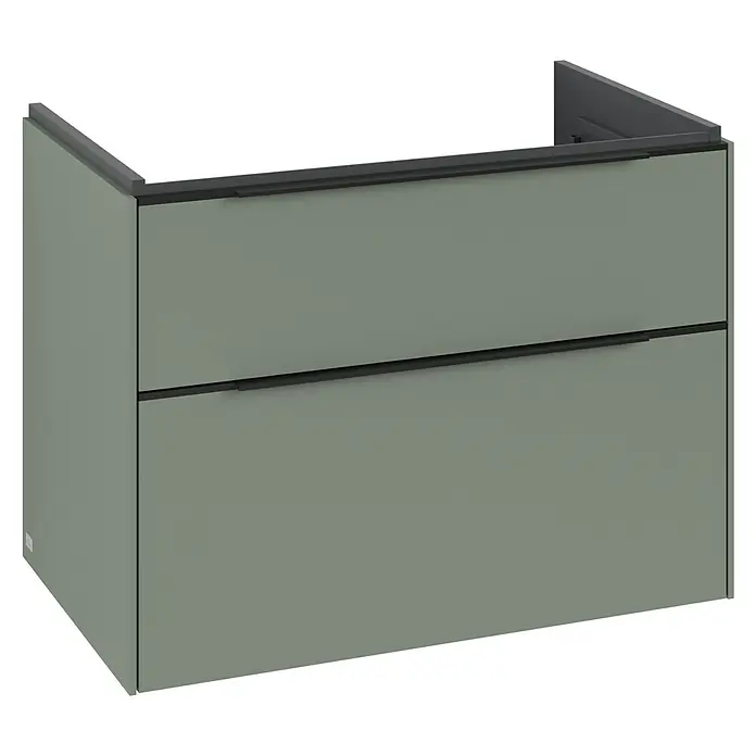 Villeroy & Boch Subway 3.0 Waschbeckenunterschrank - Soft Green, Anzahl Schubladen: 2 Stk., Farbe Griff: Volcano Black, B x T x H: 77,2 x 47,8 x 57,6 cm - Ein moderner, grüner Waschbeckenunterschrank mit zwei Schubladen und schlichten, dunklen Griffen für ein stilvolles Badezimmerdesign.