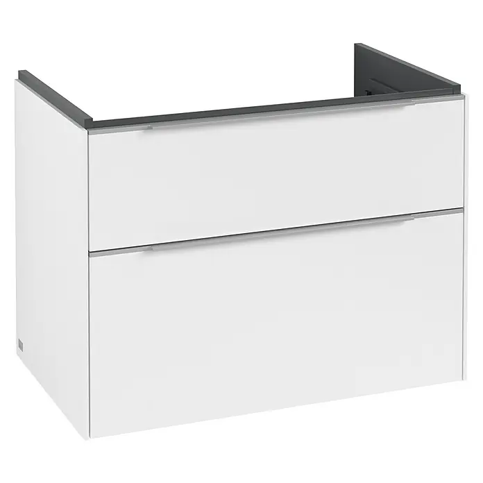 Villeroy & Boch Subway 3.0 Waschbeckenunterschrank - Pure White, Anzahl Schubladen: 2 Stk., Farbe Griff: Aluminium glänzend, B x T x H: 77,2 x 47,8 x 57,6 cm - Ein moderner, weißer Waschtischunterschrank mit zwei Schubladen und einem grauen Rahmen. Praktisches und stilvolles Badmöbel.