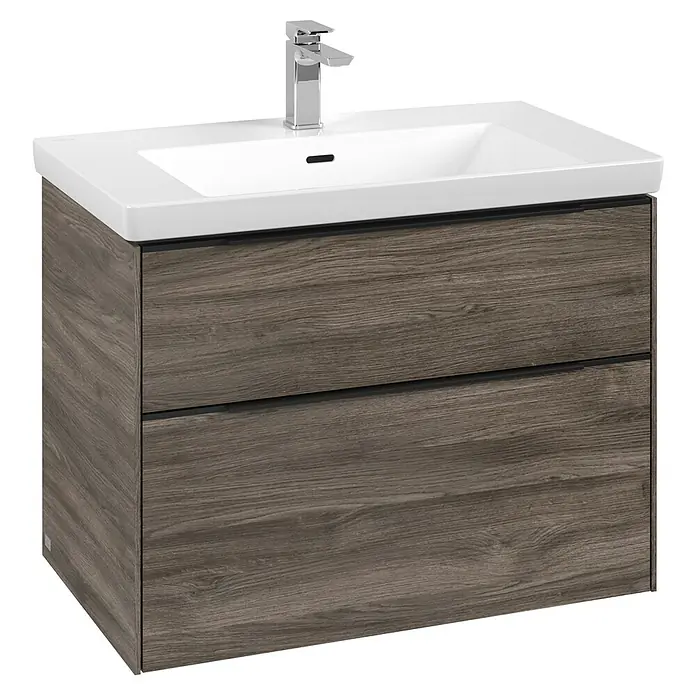 Villeroy & Boch Subway 3.0 Waschbeckenunterschrank - Stone Oak, Anzahl Schubladen: 2 Stk., Farbe Griff: Volcano Black, B x T x H: 77,2 x 47,8 x 57,6 cm - Modernes Badezimmer-Waschbecken mit Holzstruktur und minimalistischem Design. Ideal für stilvolle Badezimmer.