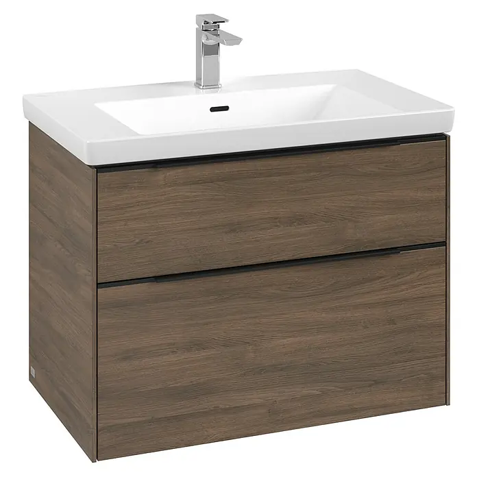 Villeroy & Boch Subway 3.0 Waschbeckenunterschrank - Arizona Oak, Anzahl Schubladen: 2 Stk., Farbe Griff: Volcano Black, B x T x H: 77,2 x 47,8 x 57,6 cm - Moderner Waschtischunterschrank in Holzoptik mit weißem Aufsatzwaschbecken und Armatur. Der Waschtisch bietet Stauraum mit zwei Schubladen.