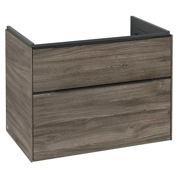 Villeroy & Boch Subway 3.0 Waschbeckenunterschrank - Stone Oak, Anzahl Schubladen: 2 Stk., Farbe Griff: Volcano Black, B x T x H: 77,2 x 47,8 x 57,6 cm - Grauer Holzwaschtischunterschrank mit zwei Schubladen. Ideal für Badezimmer mit modernem Design und ausreichend Stauraum.