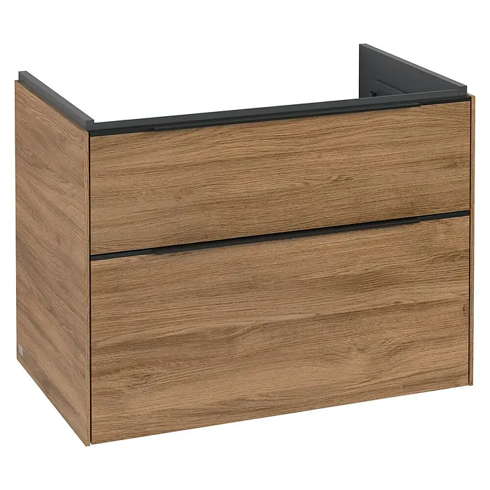 Villeroy & Boch Subway 3.0 Waschbeckenunterschrank - Kansas Oak, Anzahl Schubladen: 2 Stk., Farbe Griff: Volcano Black, B x T x H: 77,2 x 47,8 x 57,6 cm - Holzfarbener Waschtischunterschrank mit zwei Schubladen und grauem Rahmen. Ideal für moderne Badezimmer.