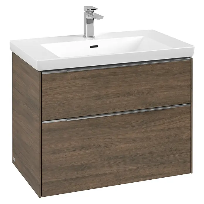 Villeroy & Boch Subway 3.0 Waschbeckenunterschrank - Arizona Oak, Anzahl Schubladen: 2 Stk., Farbe Griff: Aluminium glänzend, B x T x H: 77,2 x 47,8 x 57,6 cm - Moderner Waschtischunterschrank in Holzoptik mit zwei Schubladen und einem weißen Waschbecken.