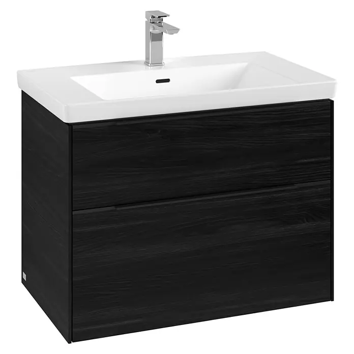 Villeroy & Boch Subway 3.0 Waschbeckenunterschrank - Black Oak, Anzahl Schubladen: 2 Stk., Farbe Griff: Volcano Black, B x T x H: 77,2 x 47,8 x 57,6 cm - Ein moderner Waschtisch mit zwei Schubladen und einem weißen Waschbecken für das Badezimmer. Das Möbelstück ist elegant und funktional.
