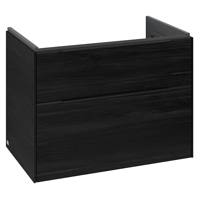 Villeroy & Boch Subway 3.0 Waschbeckenunterschrank - Black Oak, Anzahl Schubladen: 2 Stk., Farbe Griff: Volcano Black, B x T x H: 77,2 x 47,8 x 57,6 cm - Dunkler Badezimmerschrank mit zwei Schubladen und Holzstruktur für ein modernes und stilvolles Badezimmerambiente.