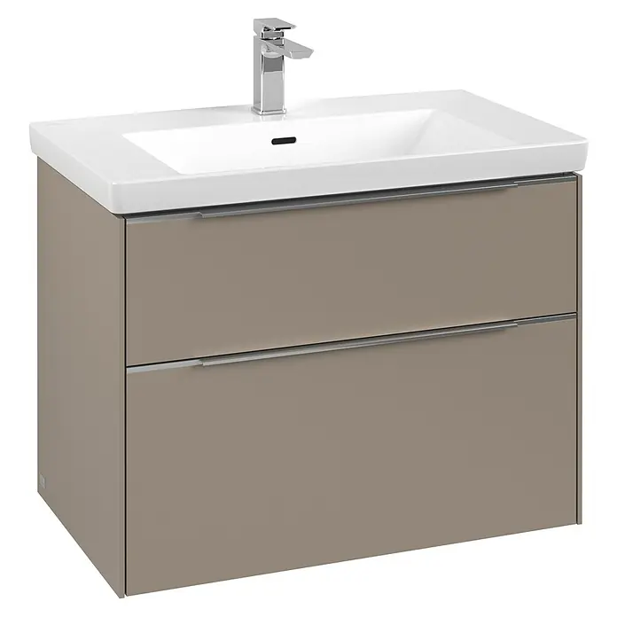 Villeroy & Boch Subway 3.0 Waschbeckenunterschrank - Taupe, Anzahl Schubladen: 2 Stk., Farbe Griff: Aluminium glänzend, B x T x H: 77,2 x 47,8 x 57,6 cm - Eleganter Waschtischunterschrank in Taupe mit zwei Schubladen und einem modernen Aufsatzwaschbecken in Weiß. Ideal für jedes Badezimmer.