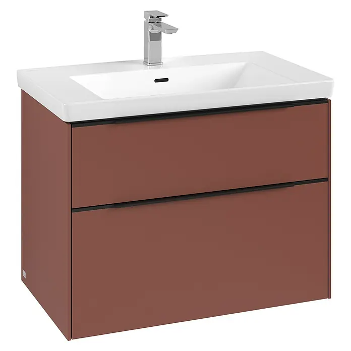 Villeroy & Boch Subway 3.0 Waschbeckenunterschrank - Wine Red, Anzahl Schubladen: 2 Stk., Farbe Griff: Volcano Black, B x T x H: 77,2 x 47,8 x 57,6 cm - Ein moderner brauner Waschtisch mit zwei Schubladen und einem weißen Waschbecken mit Armatur. Elegantes Design für jedes Badezimmer.