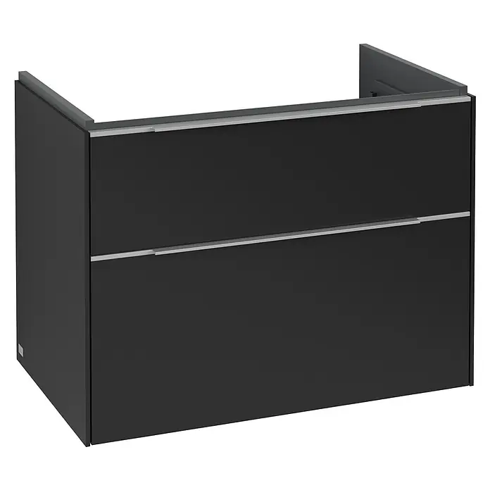 Villeroy & Boch Subway 3.0 Waschbeckenunterschrank - Volcano Black, Anzahl Schubladen: 2 Stk., Farbe Griff: Aluminium glänzend, B x T x H: 77,2 x 47,8 x 57,6 cm - Schwarzer Waschtischunterschrank mit zwei Schubladen und silbernen Griffen für ein modernes Badezimmerdesign. Praktisch und stilvoll.